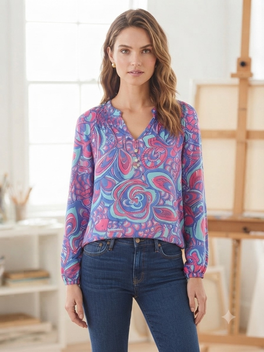 Lilly Pulitzer 100% Silk Pink & Blue Paisley V-Neck Long Sleeve Top